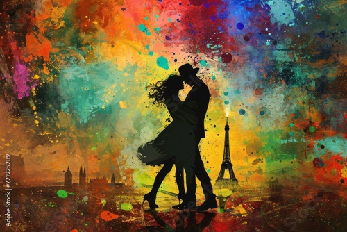 A vibrant and fluid display of love and movement captured through the use of bold acrylic paint strokes, creating a stunning silhouette against a backdrop of vivid colors