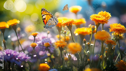 Joyful Summer Meadow: Santolina Flowers and Butterflies Dance Under the Sunlight in Vivid Macro Beauty © Bartek