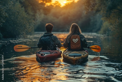 Couple enjoying a scenic kayak ride with heart-shaped paddles