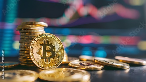 Cryptocurrency Growth: Shining Bitcoins with Rising Financial Charts in Background
