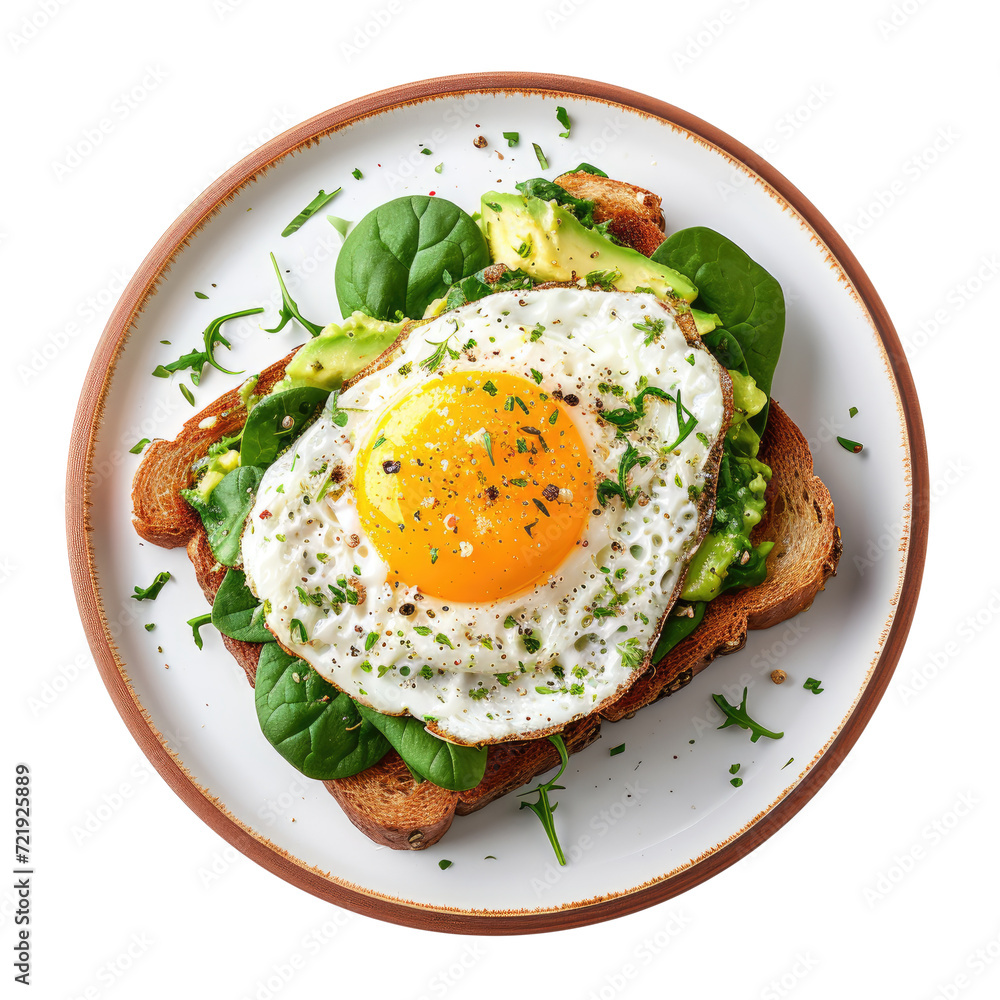 Toast with avocado, spinach and fried egg. Breakfast menu, top view. Transparent background Toast with avocado, spinach and fried egg. Breakfast menu, top view. Transparent background