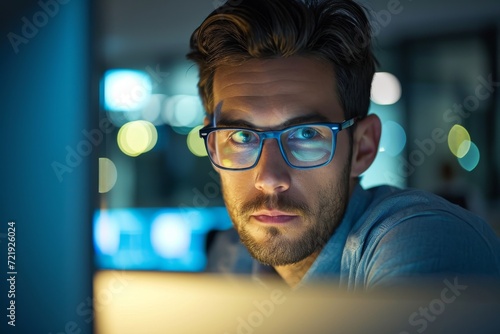 A bearded man gazes confidently at the camera, his glasses reflecting the indoor lighting as he embodies a sense of style and self-assurance photo