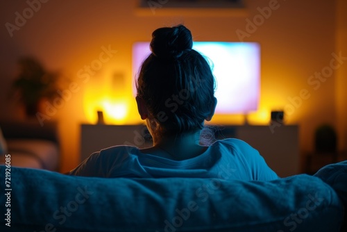 A contemplative woman, clad in comfortable clothing, sits in an indoor living room, gazing at the wall-mounted television with a pensive expression
