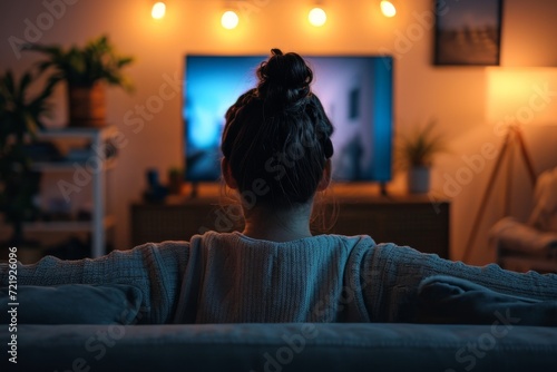 A woman cozily sitting on an indoor couch, gazing at the television screen against the wall, her profile illuminated by the soft light, lost in thought or captivated by the show