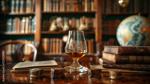 Elegant whisky glass on a classic study table with old books and a globe. Intellectual and refined lifestyle concept. Design for sophisticated branding and distinguished private library settings photo