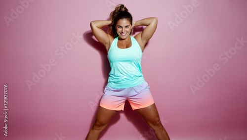 A woman in workout clothes is smiling and posing with her arms behind her head and her legs bent in front of a pink background. © OlScher