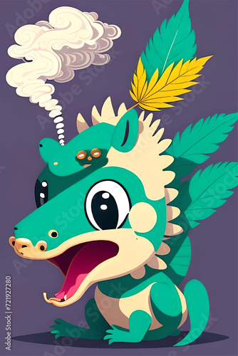 Cute Dragon Cartoon Character Smoking Cannabis © len