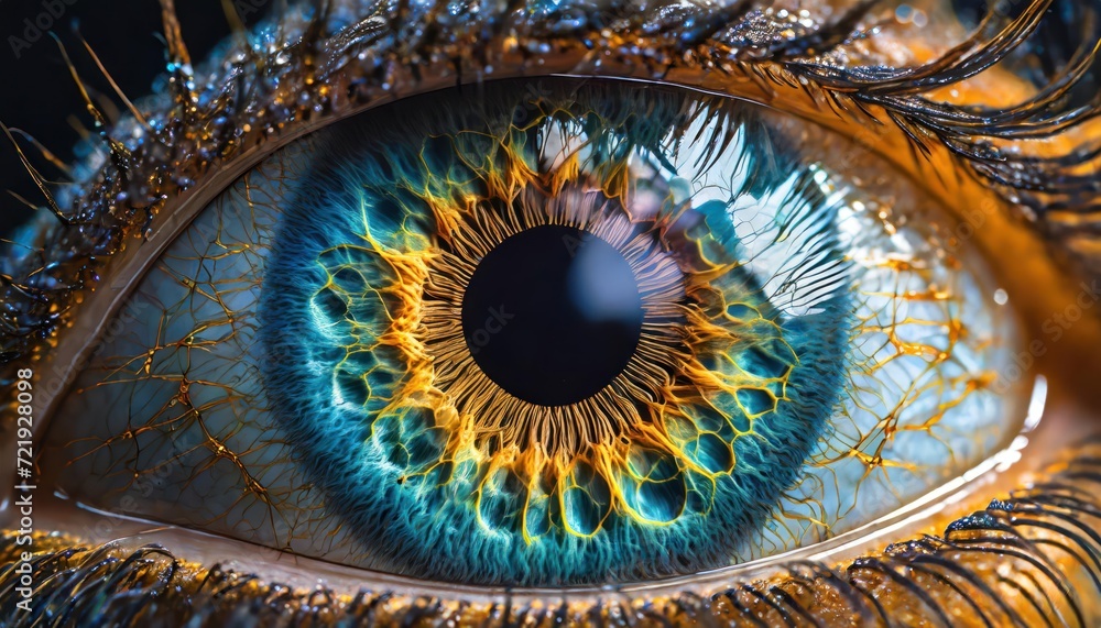 Close up of eye iris on black background, macro, photography 