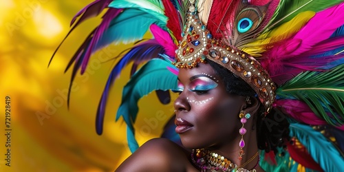 Woman in carnival costume with feathers and jewelry.