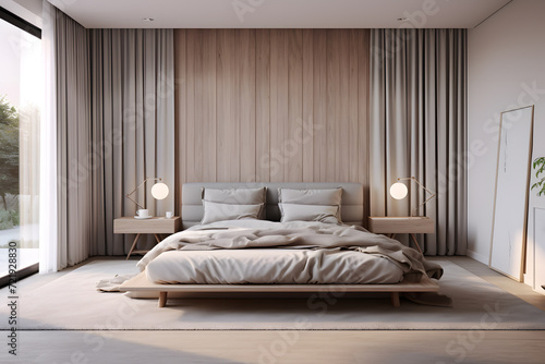 A bedroom with a mix of warm and cool tones