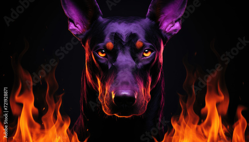 Black doberman with fire and flames textured black background