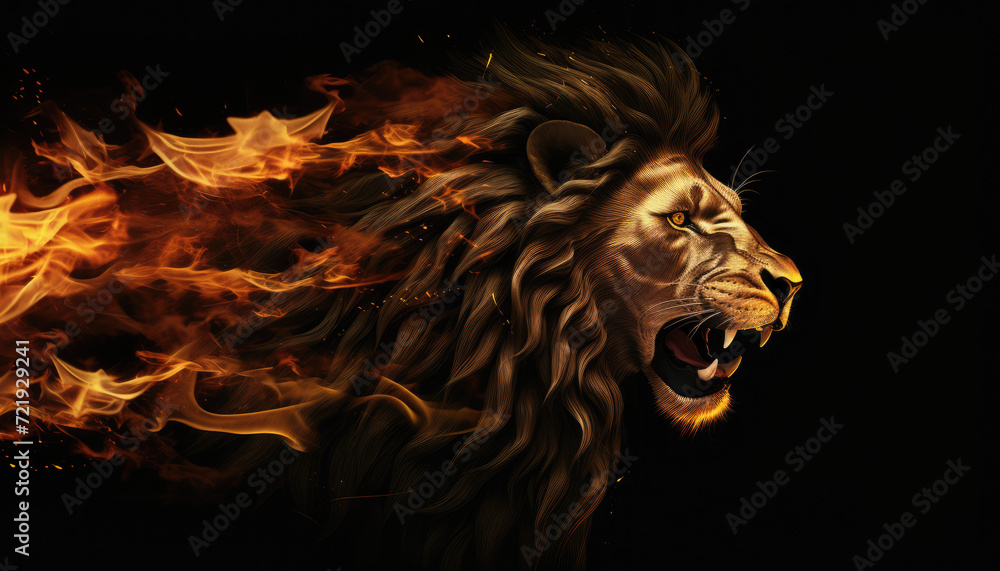 Gold fire and flames textured lion isolated on clear black background Gold fire and flames textured lion isolated on clear black background