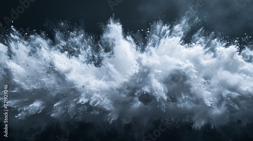 A wide horizontal layout of white snow powder burst against a dark backdrop.