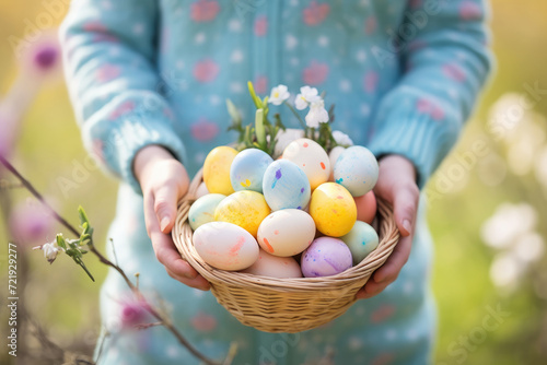 Girl holding basket full of colored Easter eggs