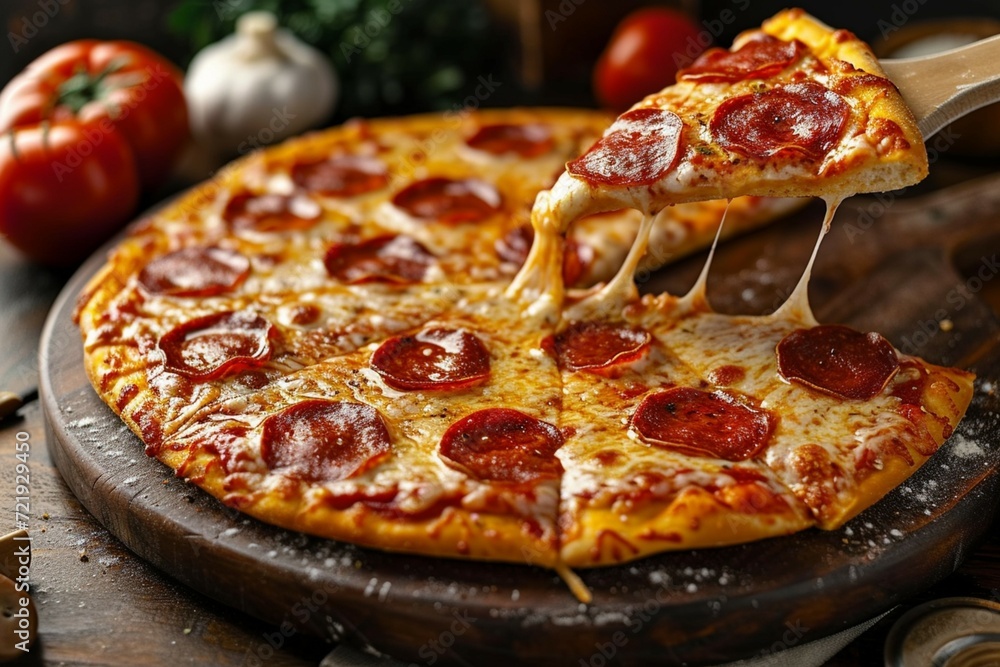 Cheesy delight Pepperoni pizza, a slice pulled, pure satisfaction