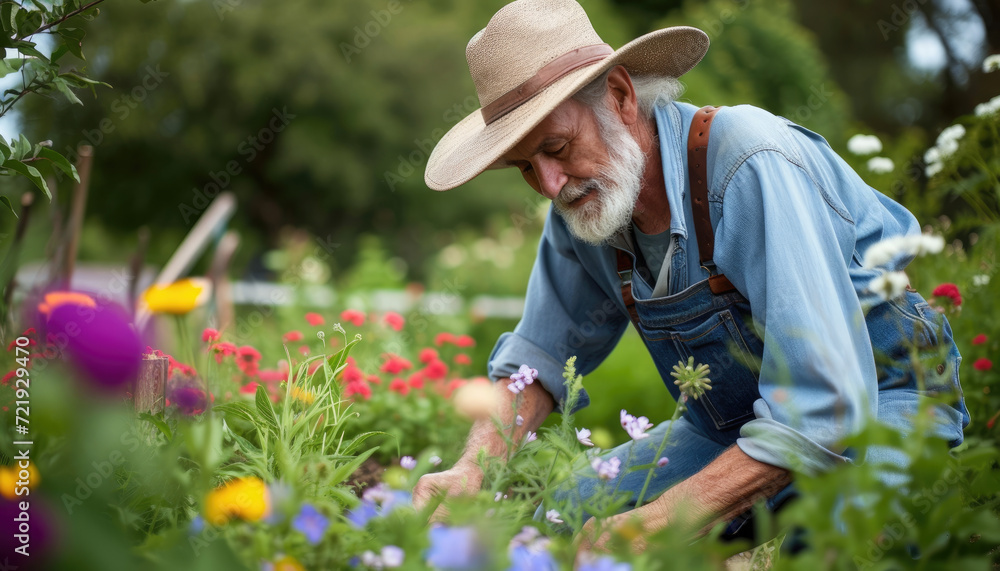 Senior man gardening plants against spring background