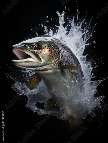 Isolated Atlantic Salmon leaps in the air. photo