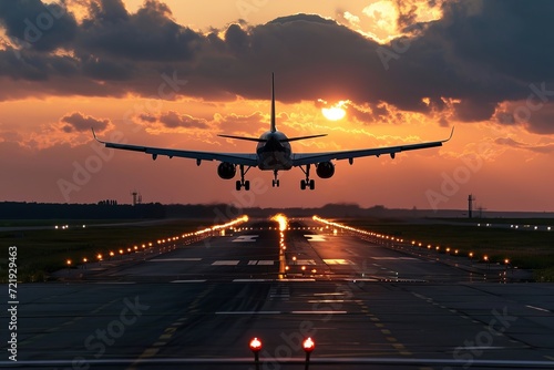 Skyward Soar: Aircraft Taking Off or Landing in the Golden Glow