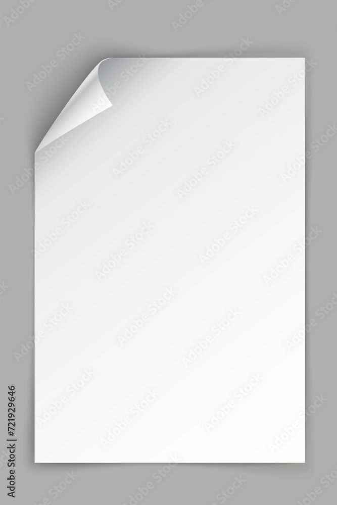 White paper vertical sheet with bending top left corner isolated on grey background. Vector illustration
White paper vertical sheet with bending top left corner isolated on grey background. Vector illustration