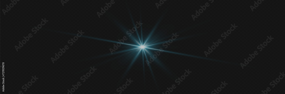 Bright glowing light, star explosion. Glare effect with rays. 