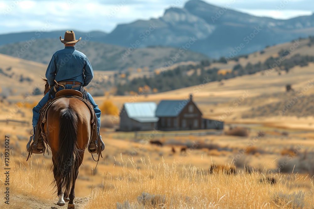 Back view of a cowboy on horseback surveying his ranch with mountains ...