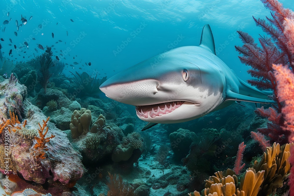 Fototapeta premium A shark stalking a coral reef with a wary look and sharp teeth