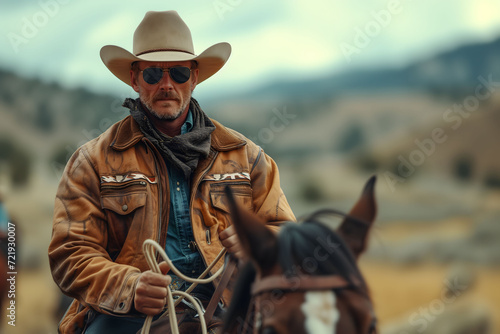 A stern cowboy in dark glasses rides his horse through a mountainous area, a close-up portrait photo