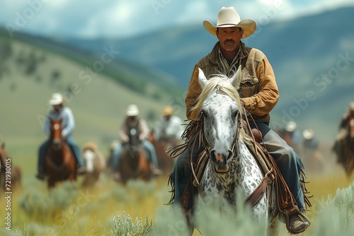 A cowboy leads a group on horseback through a grassy mountain valley photo