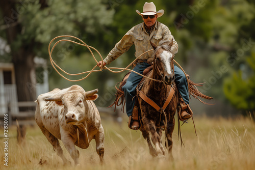 Dynamic action shot of a cowboy in sunglasses lassoing cattle while riding