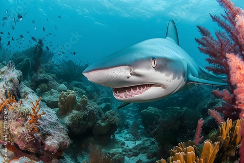A shark stalking a coral reef with a wary look and sharp teeth