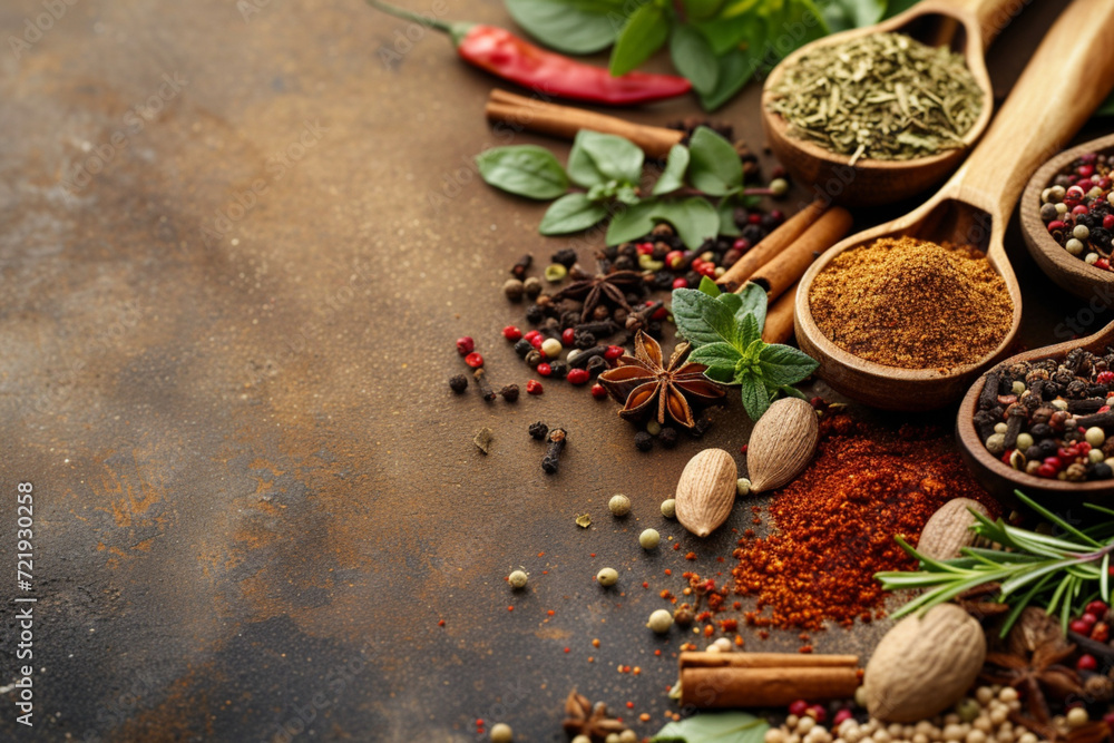 Fototapeta premium Assorted Spices and Herbs on Rustic Surface