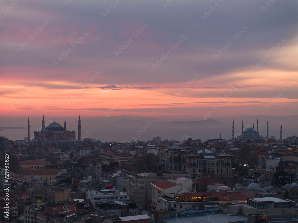 New Mosque (Yeni Cami) and Hagia Sophia (Ayasofya) Mosque in the Magnificent Sunrise Colorful  Drone Photo, Eminonu Fatih, Istanbul Turkiye (Turkey)