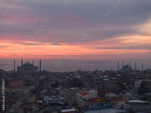 New Mosque (Yeni Cami) and Hagia Sophia (Ayasofya) Mosque in the Magnificent Sunrise Colorful Drone Photo, Eminonu Fatih, Istanbul Turkiye (Turkey)