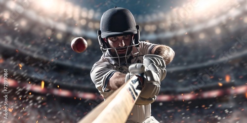 A close-up of a cricket player batting in action during a game.
