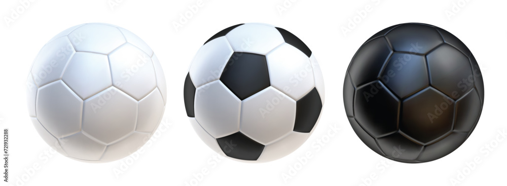 3d soccer balls icons Black and white color. 3d vector render Symbol or emblem football . Vector illustration