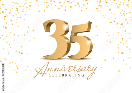 Anniversary 35. gold 3d numbers. Poster template for Celebrating 35th anniversary event party. Vector illustration
