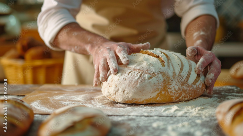 A baker skillfully shaping dough for warm, crusty bread, highlighting the craftsmanship in a traditional bakery