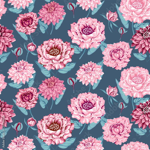 Blooming seamless pattern of stylized flowers dahlias peonies, buds with leaves. Abstract, artistic floral on a turquoise background. Vector drawn illustration. Design for fabric, fashion, printing © incarnadine