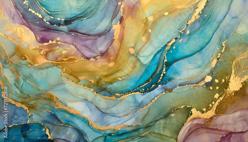 Currents of translucent hues, snaking metallic swirls, and foamy sprays of color shape the landscape of these free-flowing textures. Natural luxury abstract fluid art painting in alcohol ink technique