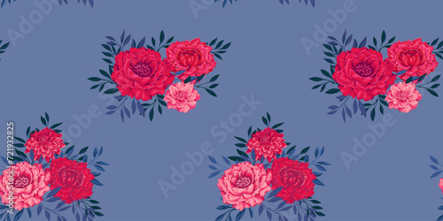 Fototapeta Naklejka Na Ścianę i Meble -  Bright red bouquets of stylized flowers peonies, and tiny gently branches leaves on a blue background. Vector drawn illustration. Abstract, artistic floral seamless pattern. Design for fashion