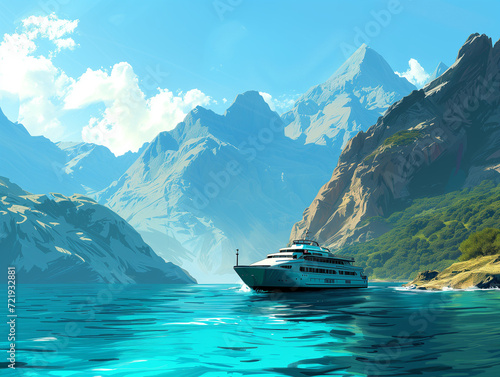 Seaside Serenity: Cruise Journey Through Clear Blue Waters, Framed by Majestic Mountains in Light Emerald and Dark Brown Palette photo