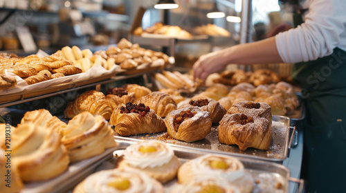 A customer selecting warm pastries from a bakery counter, capturing the joy of indulging in freshly made treats