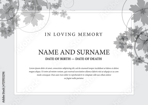 Funeral card. In loving memory of those who are forever in our hearts. Elegant design. Vector illustration.