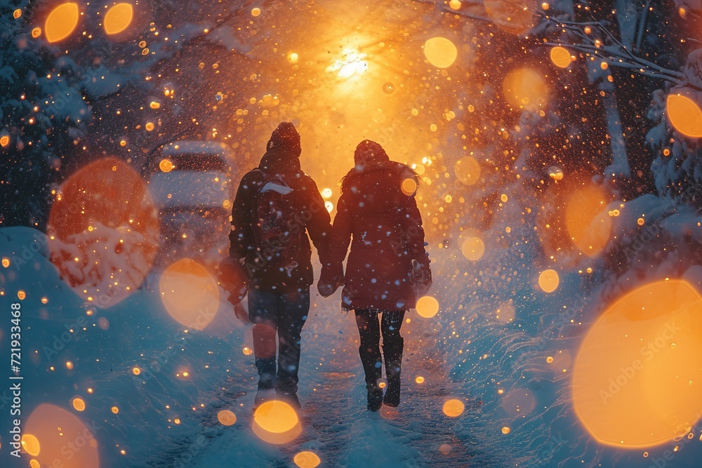 Fototapeta premium Couple releasing heart-shaped bubbles during a snowy winter day