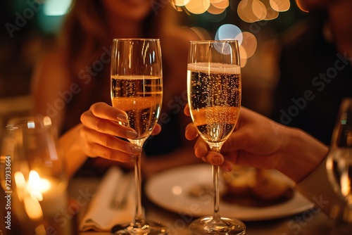 Couple toasting with champagne flutes in a dimly lit room