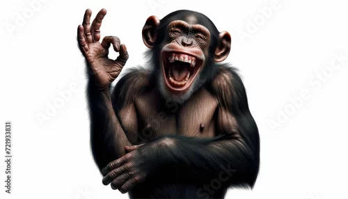 Obraz monkey facial expression very funny giving your agreement with an Ok gesture. chimpanzee laughing out loud and hand making an ok or perfect gesture