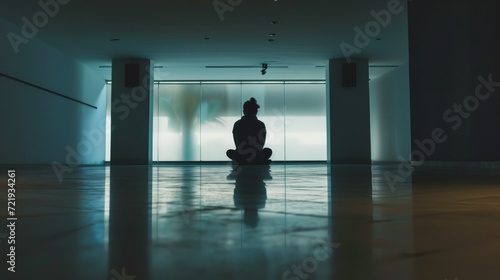 A solitary figure stands in the dimly lit room, casting a haunting silhouette against the bare walls as the faint glow of water trickles through the window, reflecting off the polished flooring and h photo