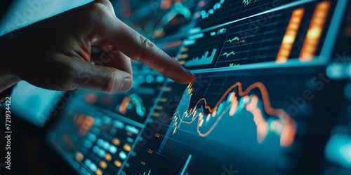 Profitable trading interface displaying stock market growth through candlestick graph and moving averages, with virtual screen interaction.