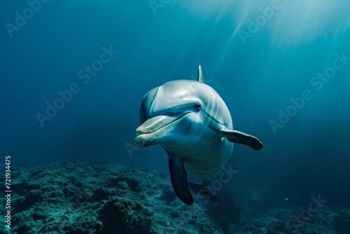 A graceful dolphin glides through the vibrant underwater world, its sleek fin cutting through the crystal clear water as it explores the colorful reef and embodies the beauty of marine biology