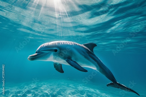 A graceful aquatic mammal, the dolphin, elegantly navigates the underwater world with its sleek body and powerful fin, a symbol of the wonders of marine biology and the beauty of nature